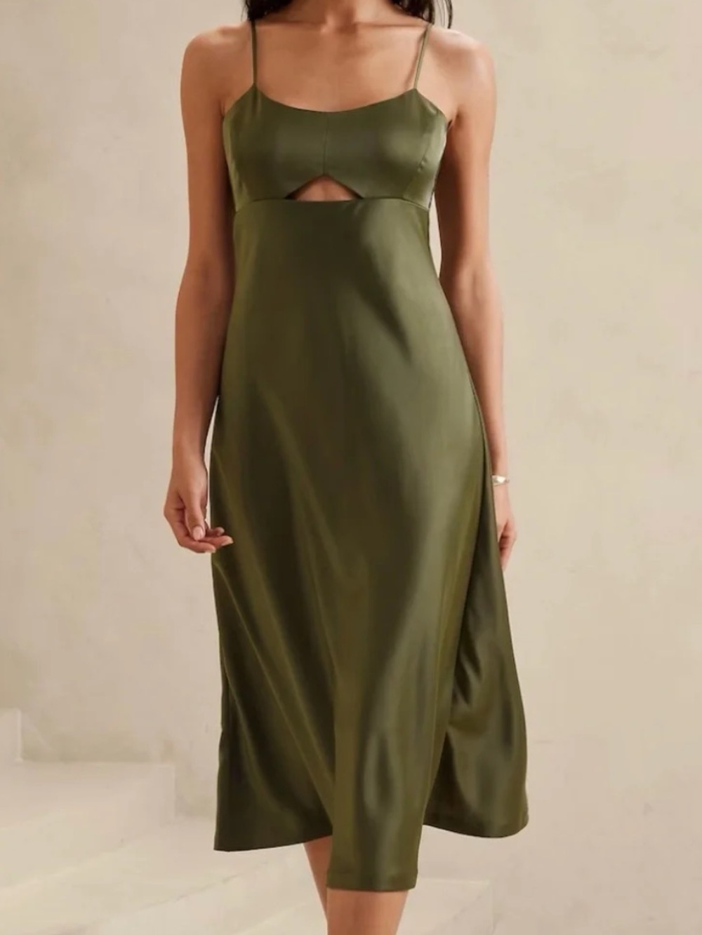 Banana Republic Rich Olive Green Satin Cutout Lace-Up Midi Slip Dress Size 12